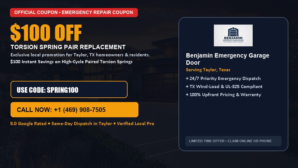 $100 OFF Dual High-Cycle Torsion Spring Replacement in Taylor, TX - Benjamin Emergency Garage Door