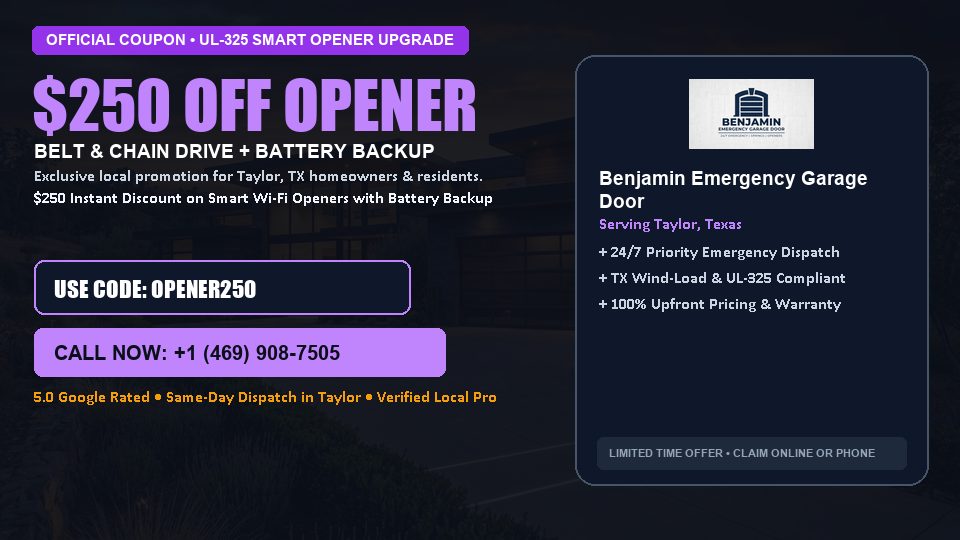 $250 OFF Smart Wi-Fi Garage Door Opener Installation in Taylor, TX - Benjamin Emergency Garage Door